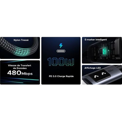 Câble Data USB-c Vers USB-c - Pd 100w - Nylon - 1 M - Noir
