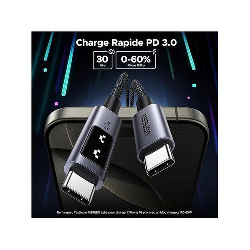 Câble Data USB-c Vers USB-c - Pd 100w - Nylon - 1 M - Noir