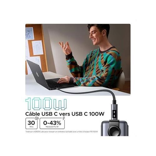 Câble Data USB-c Vers USB-c - Pd 100w - Nylon - 1 M - Noir