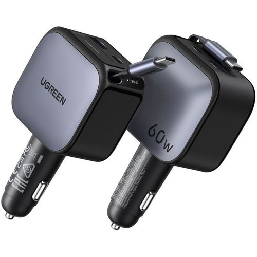 Chargeur Voiture - 60w - USB-a + USB-c - Version Rétractable - Noir