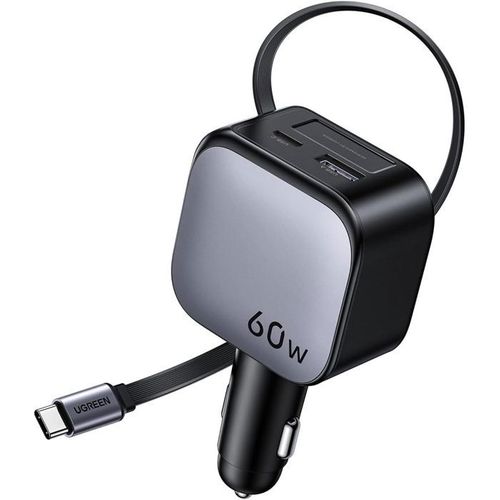 Chargeur Voiture - 60w - USB-a + USB-c - Version Rétractable - Noir