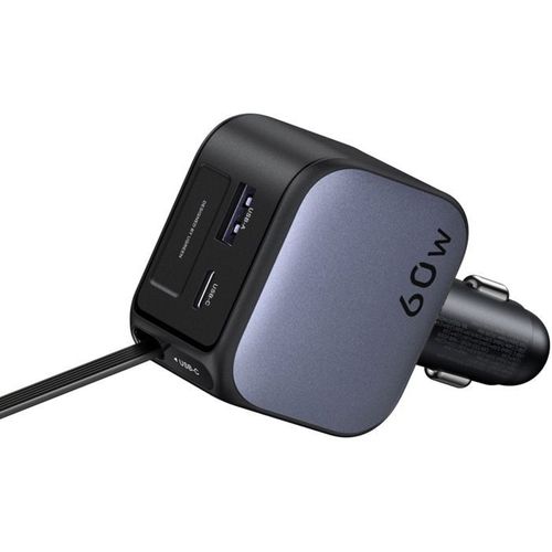 Chargeur Voiture - 60w - USB-a + USB-c - Version Rétractable - Noir