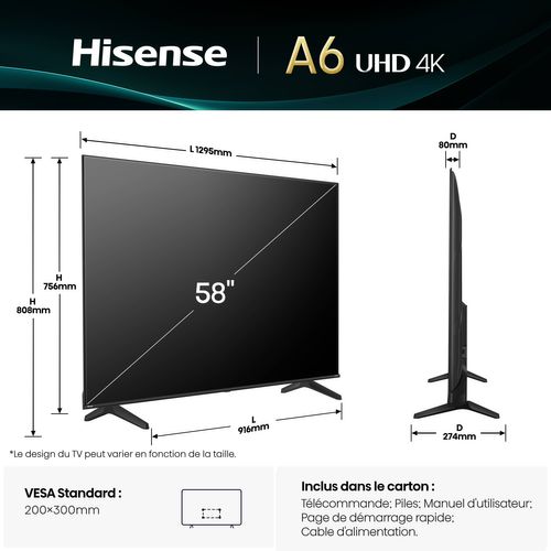 Téléviseur 4K LED 58'' 146 cm HISENSE 58E61QT