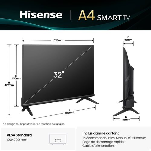 Téléviseur HD 32'' 80cm HISENSE 32A4Q Noir