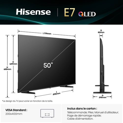 Téléviseur 4k QLED 50'' 126cm HISENSE 50E77Q Noir