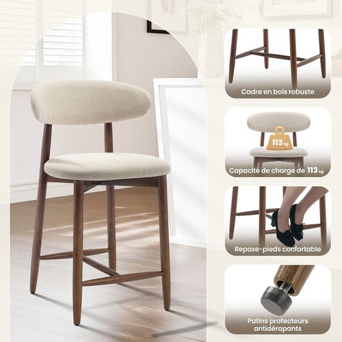 Lot De 2 Chaises De Bar Modernes, Assise Confortable En Tissu, Structure En Bois, Beige