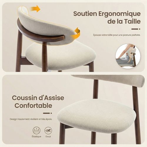 Lot De 2 Chaises De Bar Modernes, Assise Confortable En Tissu, Structure En Bois, Beige