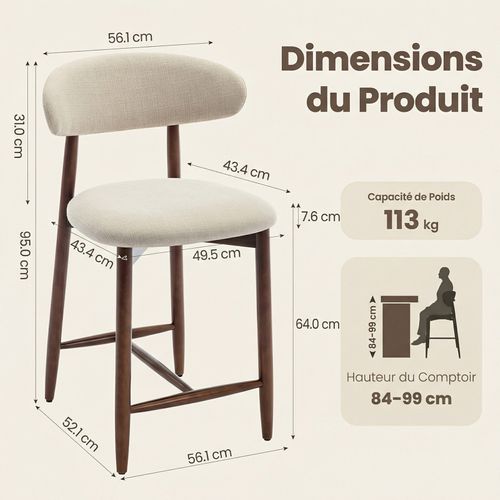 Lot De 2 Chaises De Bar Modernes, Assise Confortable En Tissu, Structure En Bois, Beige