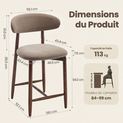 Lot De 2 Chaises De Bar Modernes, Assise Confortable En Tissu, Structure En Bois, Marron