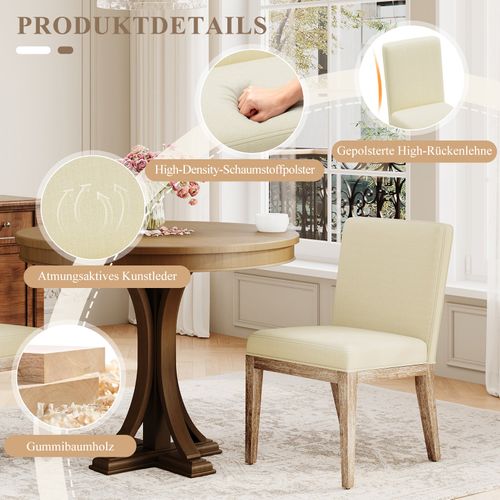 Lot De 2 Chaises Salle à Manger Design Rétro Élégant, Dossier Haut, Bois Robuste, Beige