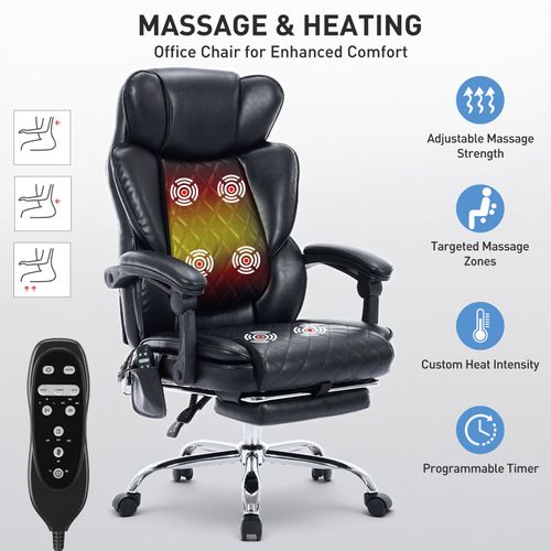 Chaise De Bureau Avec Massage 6 Points Et Chauffage Lombaire 3 Niveaux, Inclinaison 94-125°, Noir