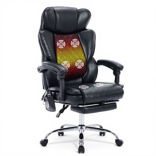 Chaise De Bureau Avec Massage 6 Points Et Chauffage Lombaire 3 Niveaux, Inclinaison 94-125°, Noir
