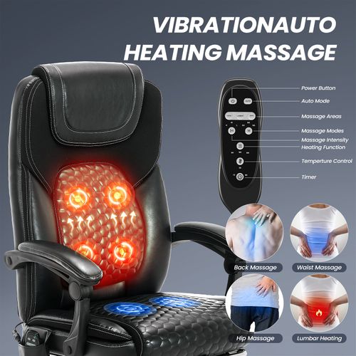 Chaise De Bureau Ergonomique, Massage 6 Points Et Chauffage Lombaire 3 Niveaux, Noir