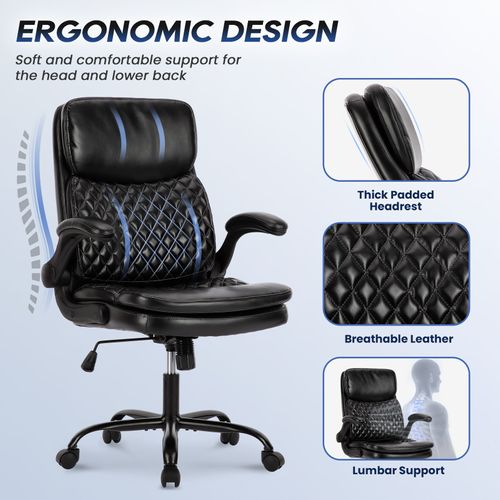Chaise De Bureau Ergonomique En Pu, Hauteur Réglable, Dossier Inclinable, Noir