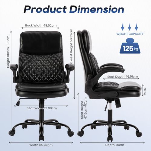 Chaise De Bureau Ergonomique En Pu, Hauteur Réglable, Dossier Inclinable, Noir