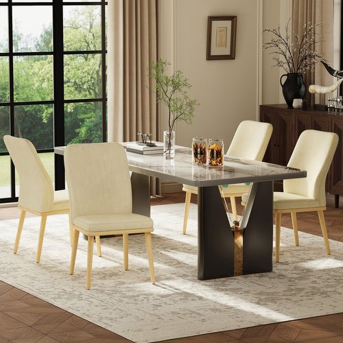 Lot De 2 Chaises De Salle à Manger, Chaises En Tissu Rembourré, Pieds En Bois Massif, Beige