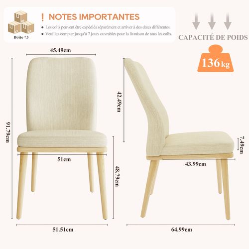 Lot De 2 Chaises De Salle à Manger, Chaises En Tissu Rembourré, Pieds En Bois Massif, Beige