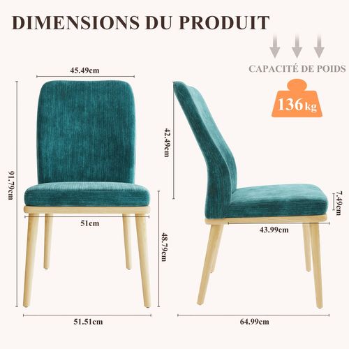 Lot De 2 Chaises De Salle à Manger, Chaises En Tissu Rembourré, Pieds En Bois Massif, Vert