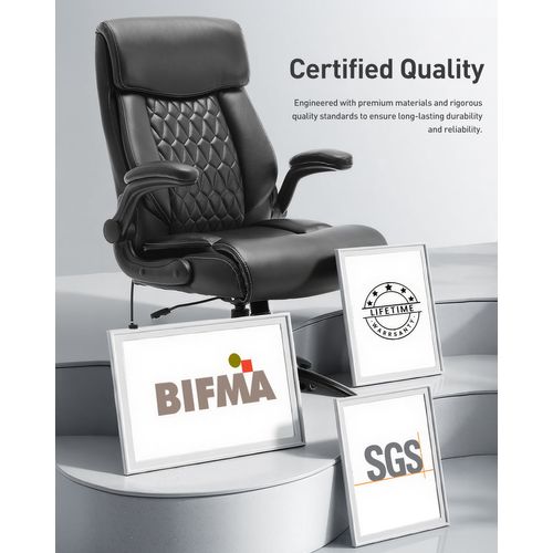 Chaise De Bureau Ergonomique Grande Taille, Accoudoirs Relevables, Soutien Lombaire Réglable, Noir