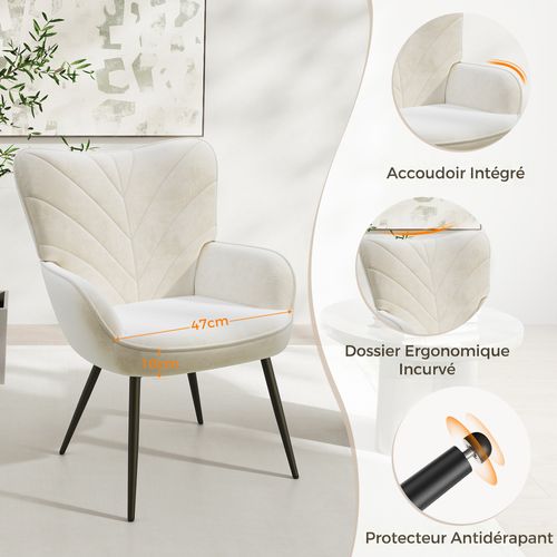 Fauteuil Moderne à Motif Feuille, Design Simple Et Naturel, Salon Et Bureau, Blanc
