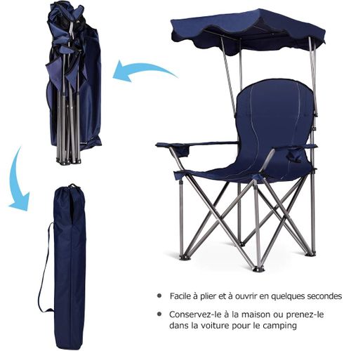 Chaise De Camping Avec Parasol/chaise De Plage Pliante，accoudoirs Portable 120 Kg Bleu