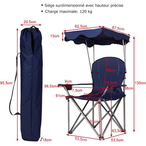 Chaise De Camping Avec Parasol/chaise De Plage Pliante，accoudoirs Portable 120 Kg Bleu