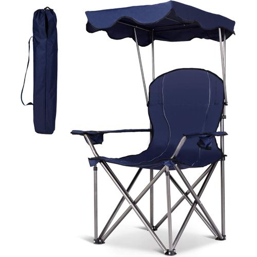 Chaise De Camping Avec Parasol/chaise De Plage Pliante，accoudoirs Portable 120 Kg Bleu