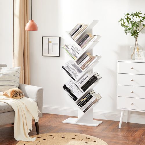 Bibliothèque, Étagère à 8 Niveaux, Meuble De Rangement, En Forme D’arbre Blanc