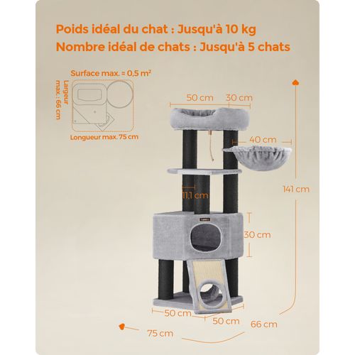 Arbre à Chat, Avec Plate-forme D’observation, Troncs Épais En Sisal Noir, Stable, Confortable, Gris