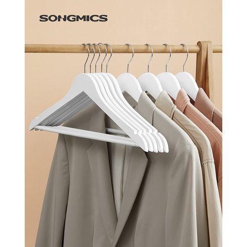 Cintre Bois, Lot De 10, Avec Encoches Antiglisse, Crochet Pivotant 360°, Blanc Et Argent