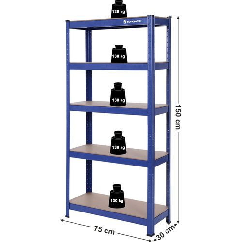 Étagère Charge Lourde Métallique à 5 Niveaux Capacité 650 Kg (130 Kg/niveau), 150 X 75 X 30 Cm, Bleu