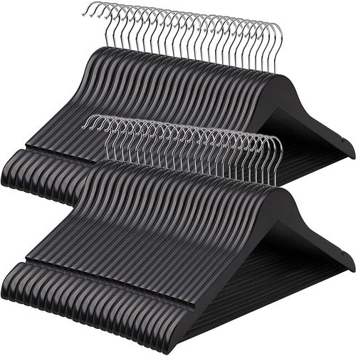 Cintre Bois, Lot De 50, Avec Encoches Antiglisse, Crochet Pivotant 360°, Noir Et Argent