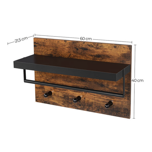 Etagère Murale 3 Patères Métal Et Bois - Naturel Fonce