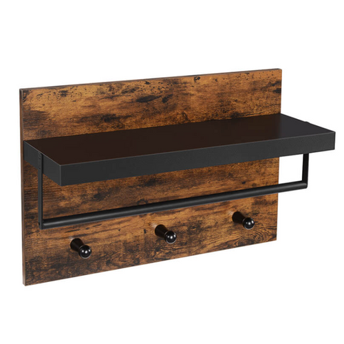 Etagère Murale 3 Patères Métal Et Bois - Naturel Fonce