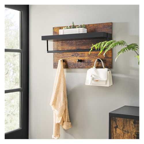 Etagère Murale 3 Patères Métal Et Bois - Naturel Fonce