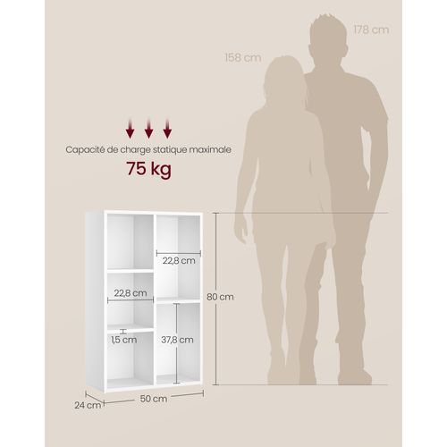 Bibliothèque, Étagère à 5 Niveaux, 50 X 24 X 80 Cm, Blanc