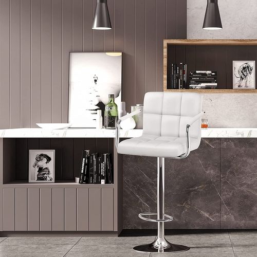 Tabourets De Bar, Lot De 2, Dossier Et Repose-pieds, Piètement Chromé, Blanc