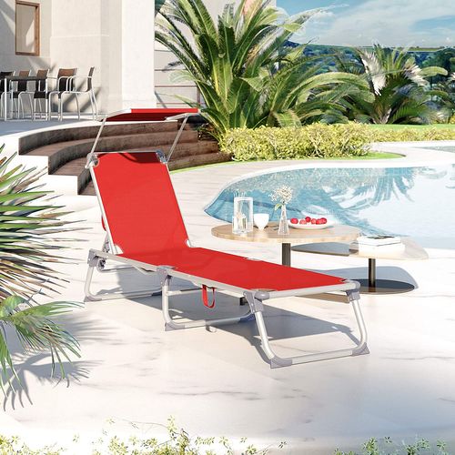 Chaise Longue, Avec Dossiers Et Parasol Inclinables, Pliable, Léger, Charge 150 Kg, Rouge