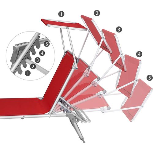 Chaise Longue, Avec Dossiers Et Parasol Inclinables, Pliable, Léger, Charge 150 Kg, Rouge
