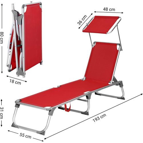 Chaise Longue, Avec Dossiers Et Parasol Inclinables, Pliable, Léger, Charge 150 Kg, Rouge