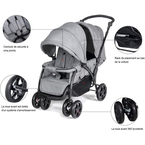 Poussette Double Bébé Poussette Pliable Pour Jumeaux Poussette Canne De Voyage Gris123 X 59 X 102cm