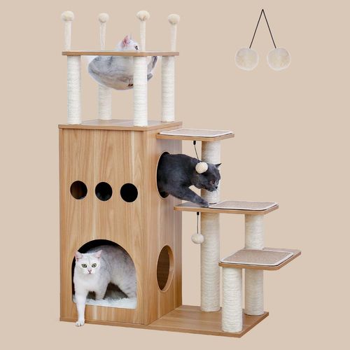 Arbre à Chat Luxueux En Bois 130 Cm Beige