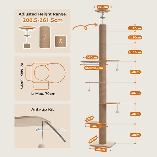 Arbre à Chat Du Sol Au Plafond Poteaux XXL 200-261 Cm Beige