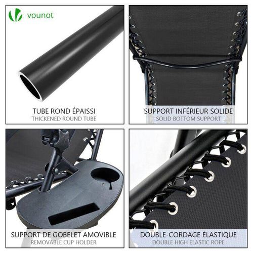 Chaise Longue Inclinable En Testilene Avec Porte Gobelet Et Portable Noir Lot De 2