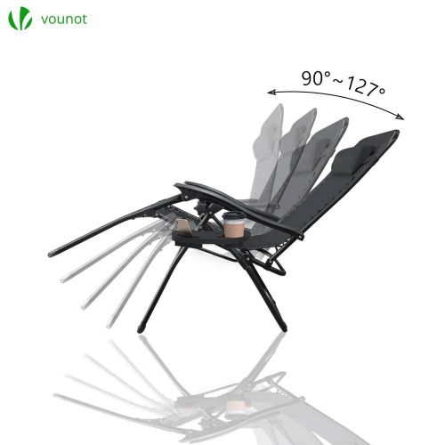 Chaise Longue Inclinable En Testilene Avec Porte Gobelet Et Portable Noir Lot De 2