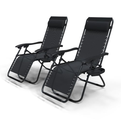 Chaise Longue Inclinable En Testilene Avec Porte Gobelet Et Portable Noir Lot De 2