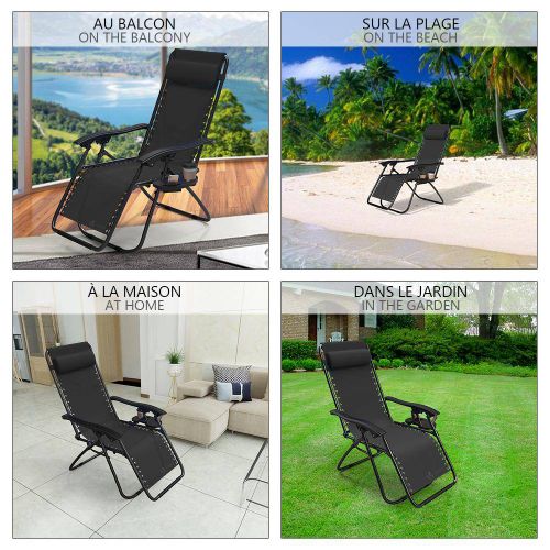 Chaise Longue Inclinable En Testilene Avec Porte Gobelet Et Portable Noir Lot De 2