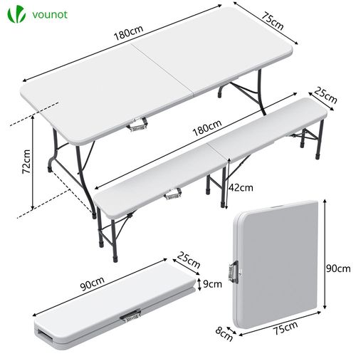 Ensemble De Table Et Bancs Camping Pliables 180 cm Hdpe Blanc