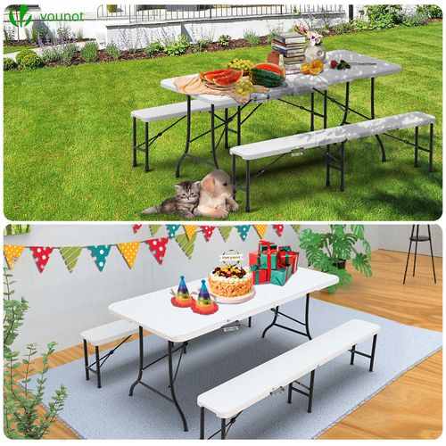 Ensemble De Table Et Bancs Camping Pliables 180 cm Hdpe Blanc