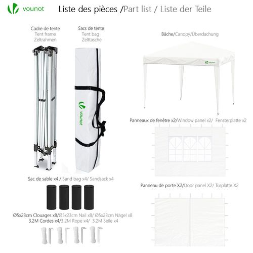 Tonnelle De Jardin 3x3m Pliable Avec Portes Et Fenêtres Blanc
